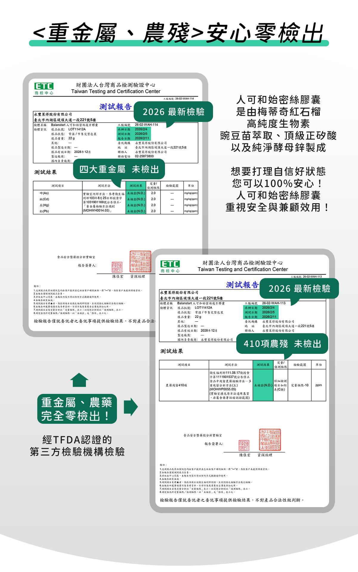 人可和始密絲，通過重金屬、農藥殘留零檢出認證