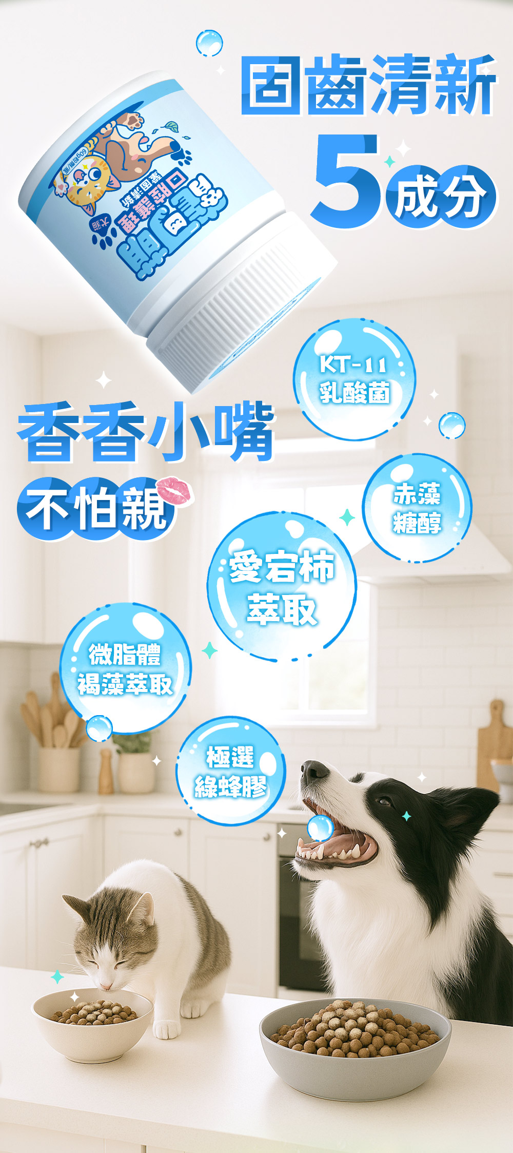 固齒清新5成分,香香小嘴不怕親!KT-11乳酸菌,赤藻糖醇,愛宕柿萃取,微脂體褐藻萃取,極選綠蜂膠。