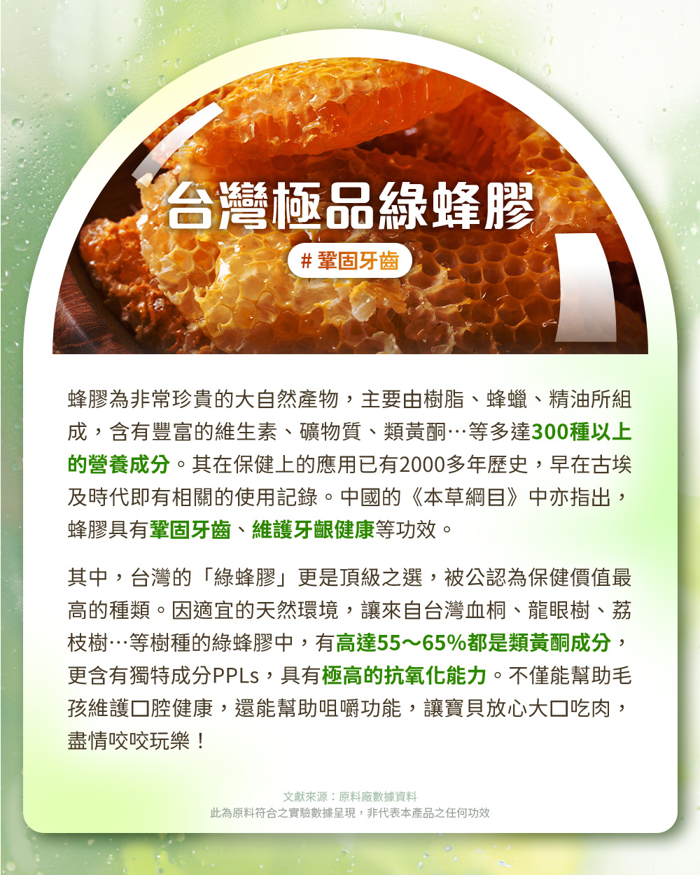 台灣極品綠蜂膠#鞏固牙齒。蜂膠含有豐富的維生素、礦物質⋯⋯等多達300種以上的營養成分,本草綱目中亦有指出,蜂膠具有鞏固牙齒、維護牙齦健康等功效。其中,台灣的「綠蜂膠」有高達55~65%都是類黃酮成分,更含有獨特成分PPLs,具有極高的抗氧化能力。