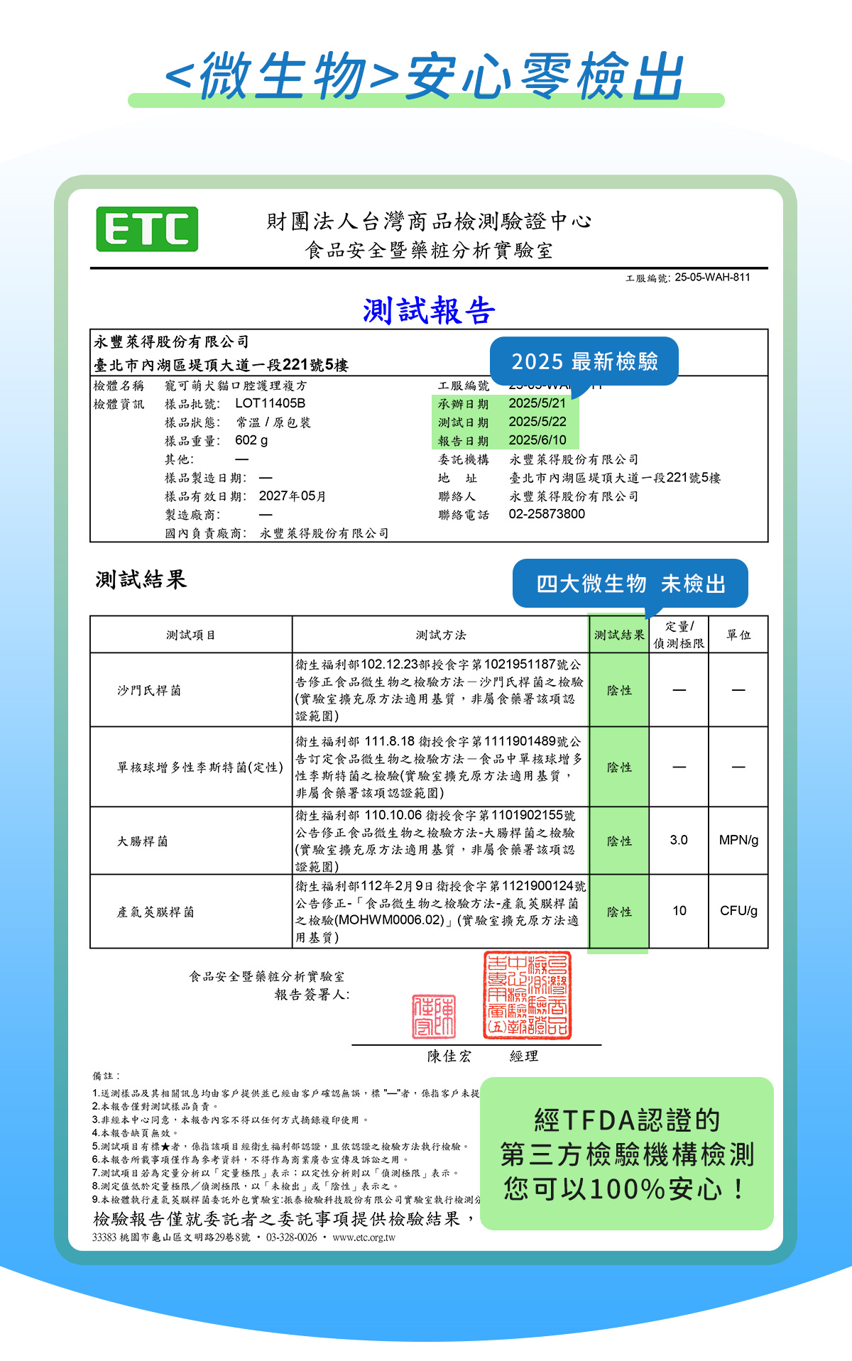 寵可萌口腔護理複方，通過微生物零檢出認證