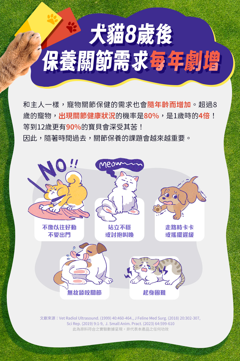 犬貓8歲後保養關節需求每年劇增，隨年齡增加，出現關節健康狀況的機率是80%，到12歲時更有90%的機率！