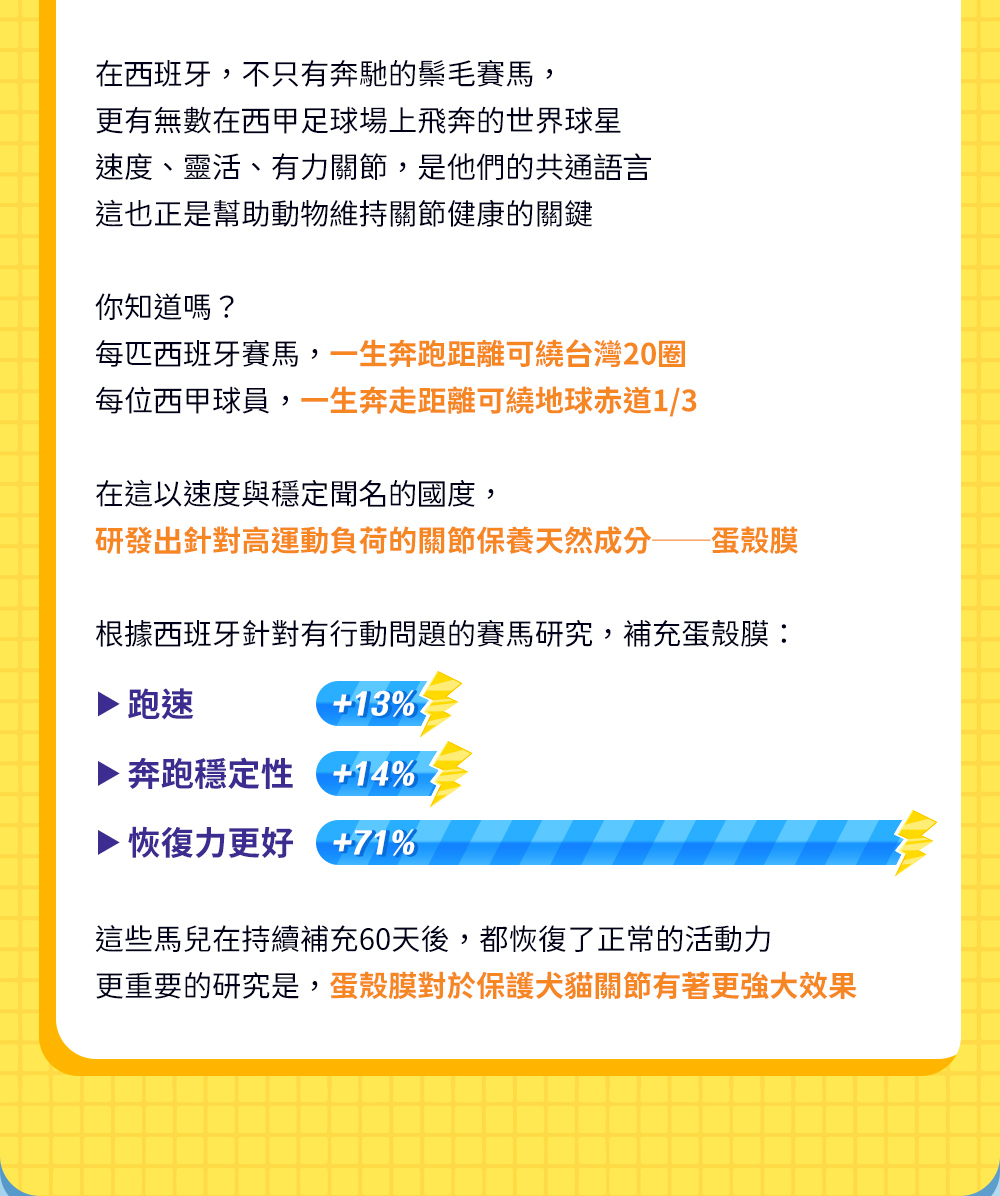 每匹西班牙賽馬，一生奔跑距離可繞台灣20圈。每位西甲球員，一生奔走距離可繞地球赤道1/3。在這以速度與穩定聞名的國度，研發出針對高運動負荷的關節保養天然成分——蛋殼膜，對於保護犬貓關節有著更強大的效果。