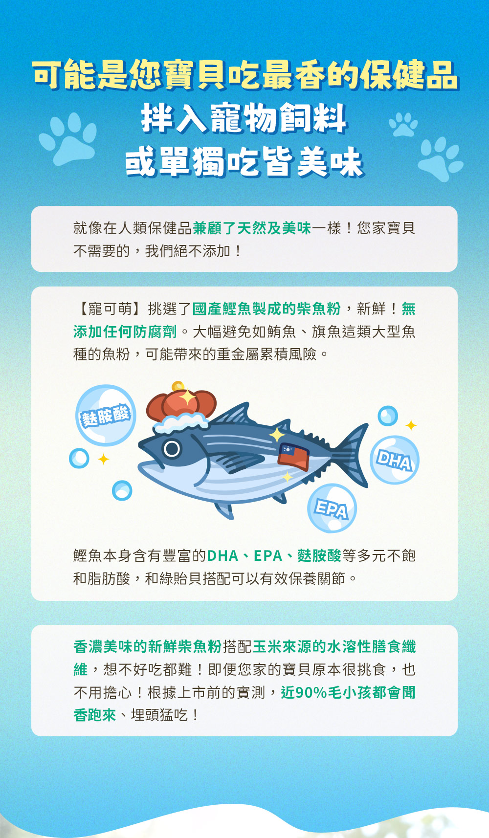 可能是您寶貝吃最香的保健品，拌入寵物飼料，或單獨吃皆美味。【寵可萌】挑選了國產鰹魚製成的柴魚粉，新鮮！無添加任何防腐劑。鰹魚本身含有豐富的DHA、EPA、麩胺酸，更有著優質的蛋白質及B6，本身就是養護皮膚的絕佳食物！