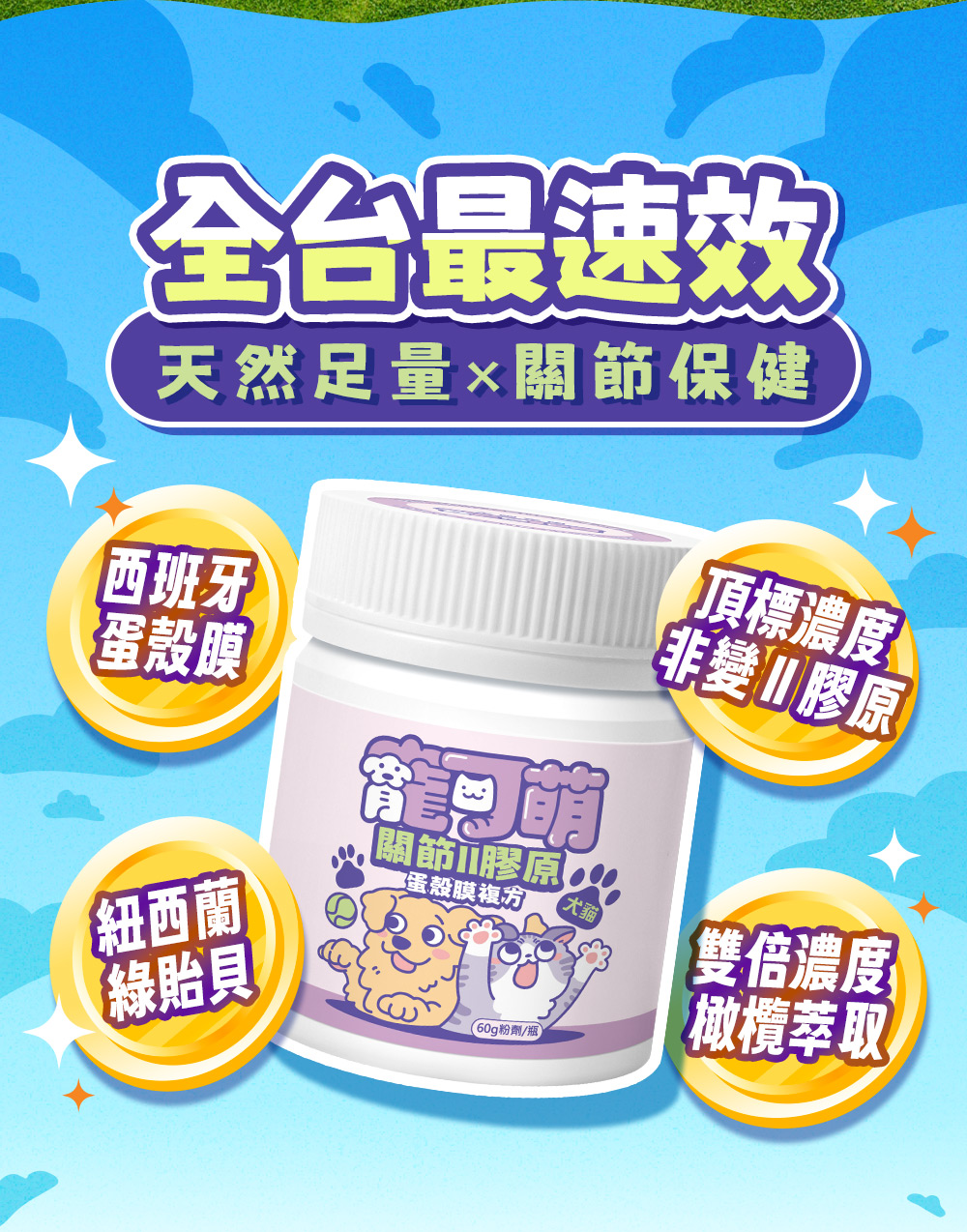 全台最速效,天然足量×關節保健。西班牙蛋殼膜,紐西蘭綠貽貝,頂標濃度非變II膠原,雙倍濃度橄欖萃取。