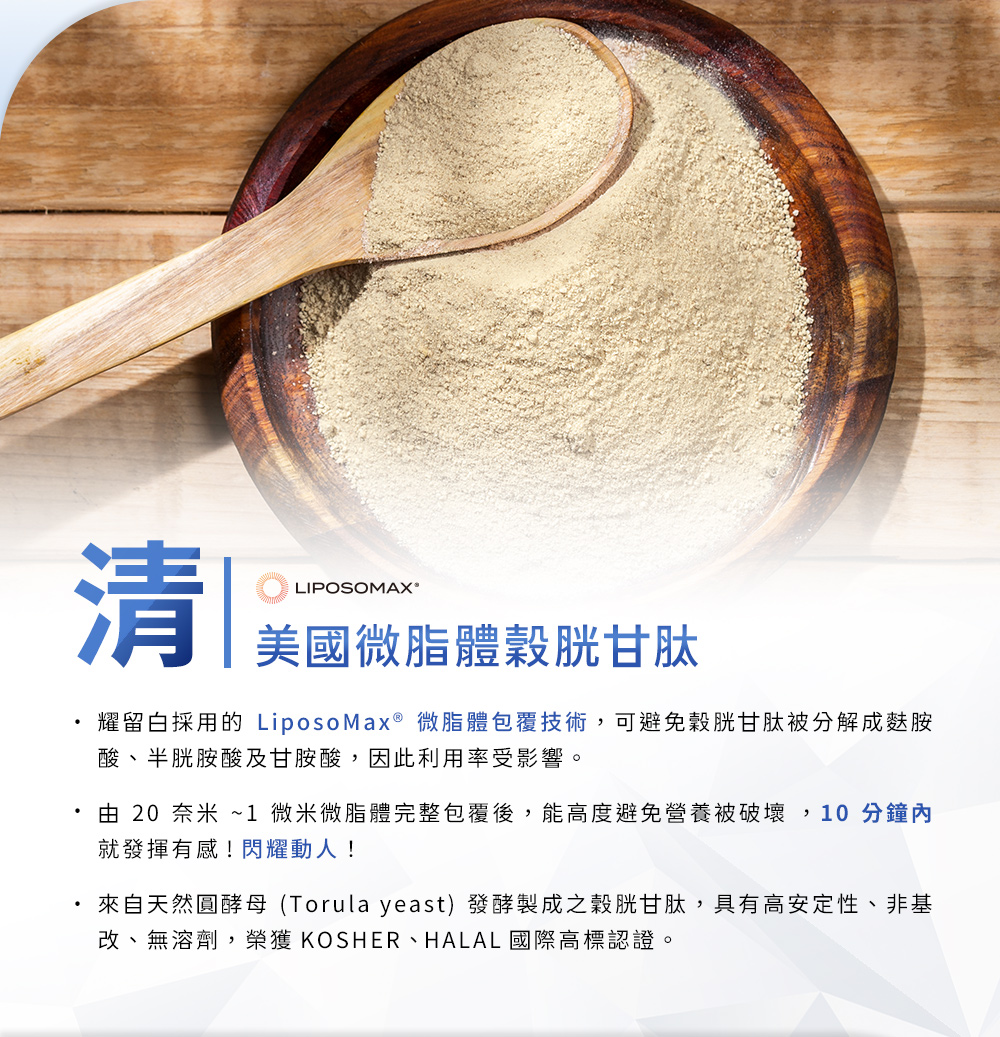 清-美國微脂體穀胱甘肽,採用LiposoMax®微脂體包覆技術,可避免穀胱甘肽被分解成麩胺酸、半胱胺酸及甘胺酸,因此利用率受影響。