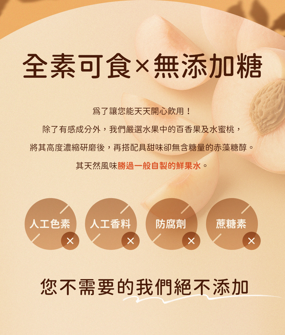 全素可食，無添加糖，無添加人工色素，無添加香料，無添加防腐劑，無添加蔗糖素