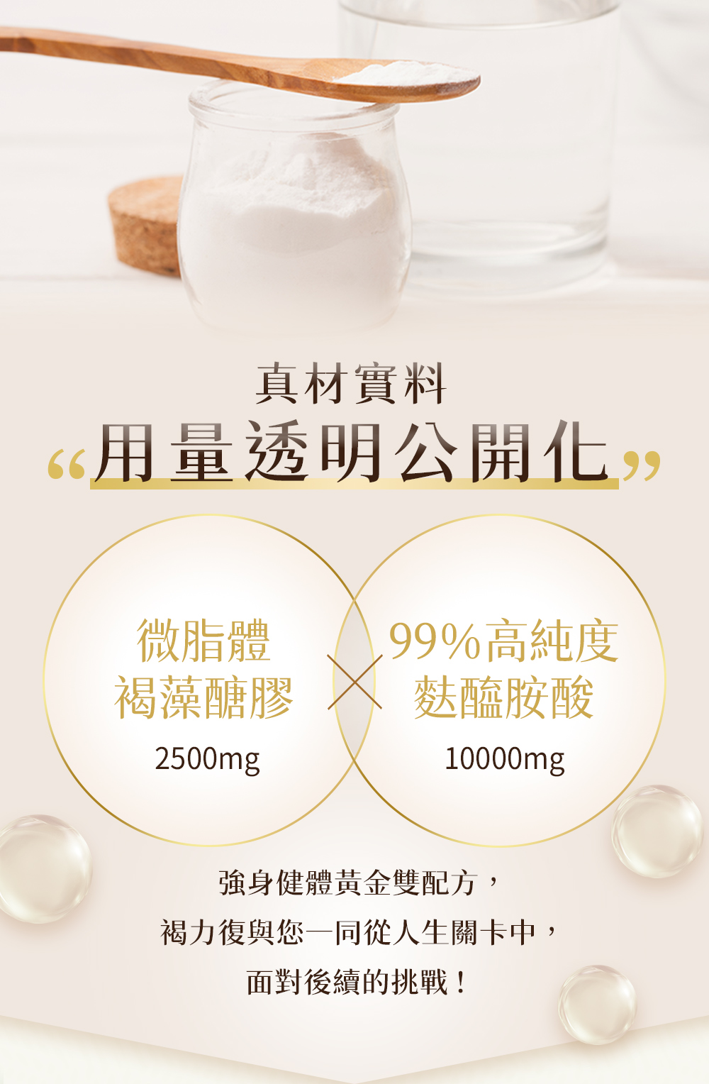真材實料，用量透明公開化。微脂體褐藻醣膠2500mg×99%高純度麩醯氨酸10000mg，強身健體黃金雙配方