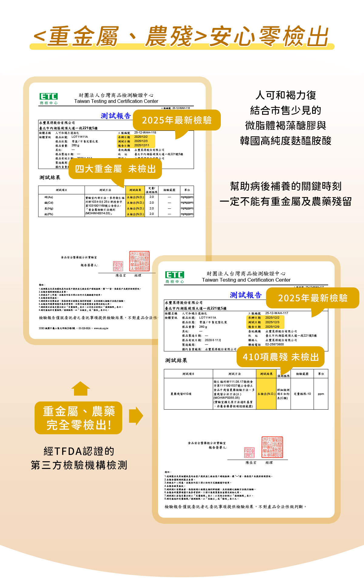 人可和褐力復褐藻醣膠+麩醯胺酸雙效配方，通過重金屬與農藥殘留零檢出認證