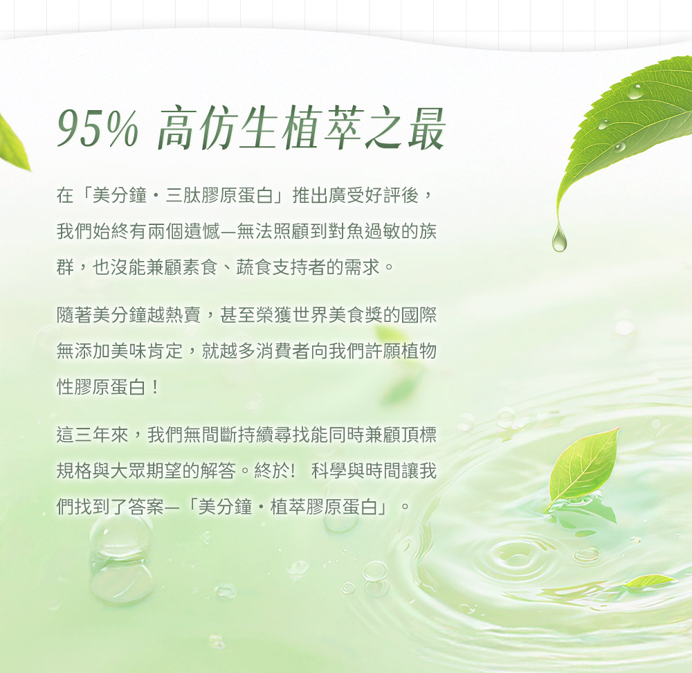 95% 高仿生植物萃之最，在「美分鐘•三肽膠原蛋白」推出廣受好評後，我們始終無法照顧到對魚過敏的族群，也沒能兼顧素食、蔬食支持者的需求。