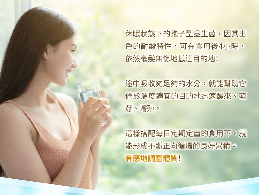 休眠狀態下的孢子型益生菌，因其出色的耐酸特性，可在食用後安全毫髮無傷地，經4小時後抵達目的地！圖中吸收足夠的水分，幫助他們於溫度適宜的目的地萌芽、繁殖，有感調整體質！