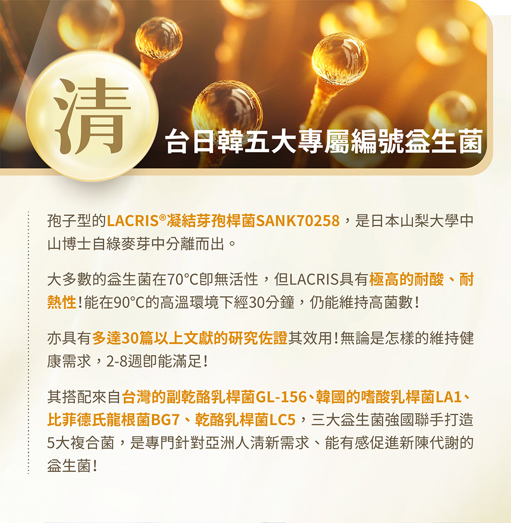 孢子型的的LACRIS®凝結芽孢桿菌SANK70258，具有極高的耐酸、耐熱性！亦具有多達30篇以上文獻的研究佐證其效用！搭配來自台灣的副乾酪乳桿菌GL-156、韓國的嗜酸乳桿菌LA1、比菲德氏龍根菌BG7、乾酪乳桿菌LC5，是專門針對亞洲人淸新需求、能有感促進新陳代謝的盒生菌！