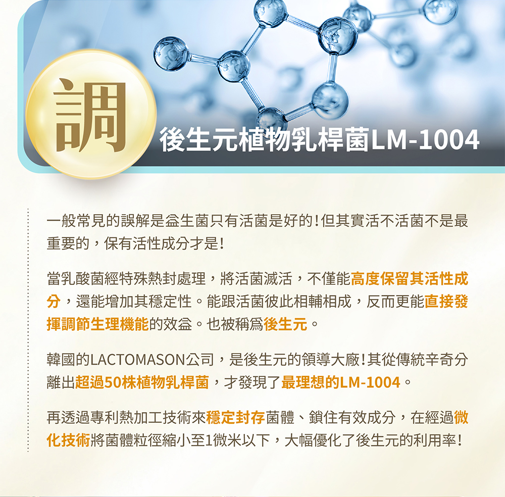 後生元植物乳桿菌LM-1004，透過專利熱加工技術來穩定封存菌體、鎖住有效成分，再經過微化技術將菌體粒徑縮小至1微米以下，大幅優化後生元的利用率！