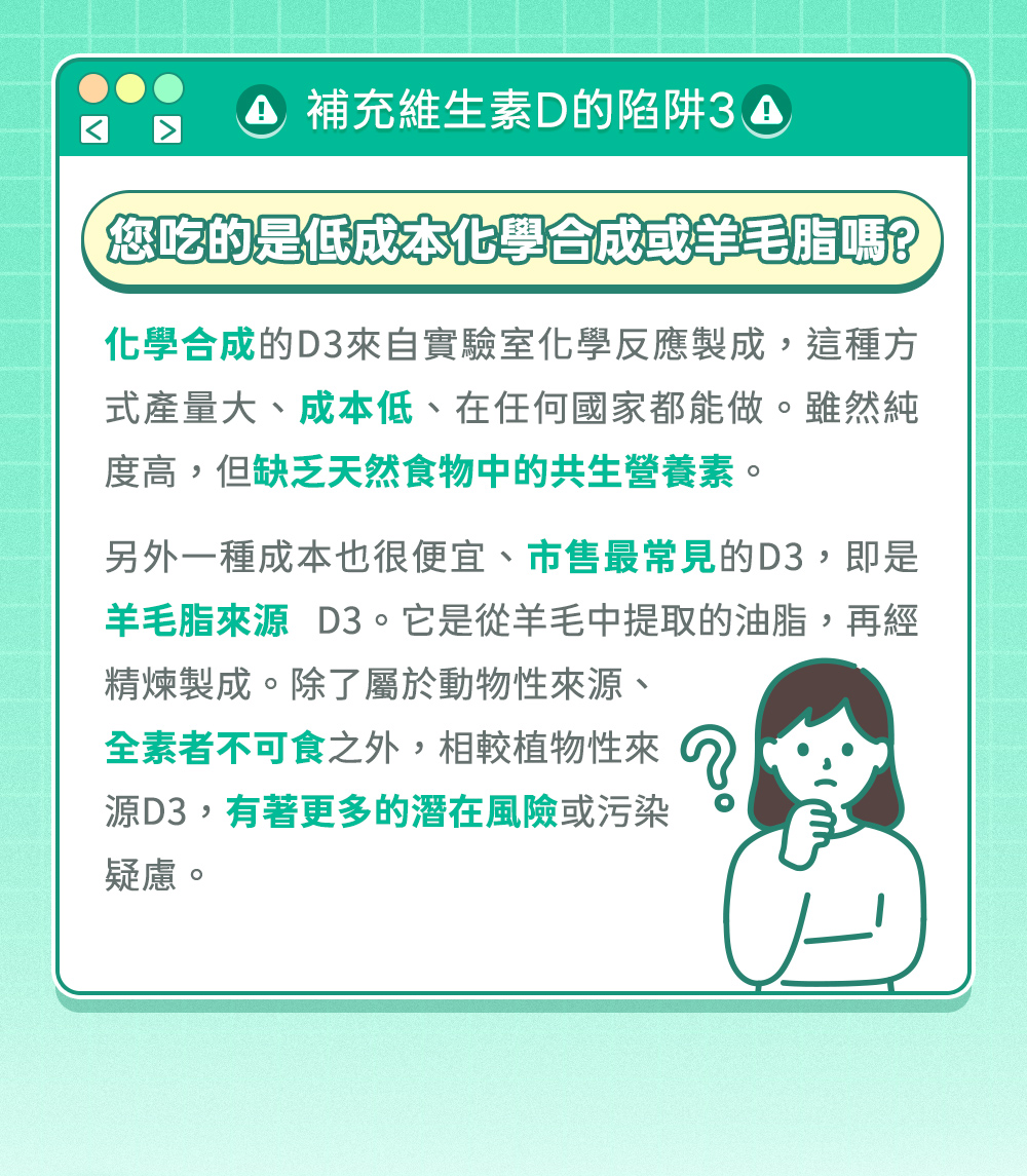 補充維生素D的陷阱3：低成本化學合成或羊毛脂來源D3的差異，全素者不適合羊毛脂D3