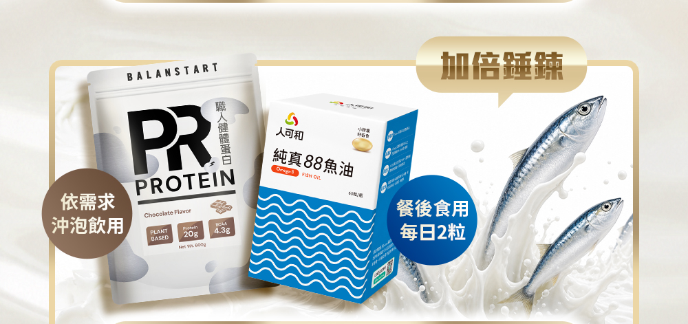 職人搭配，從A到A+。吸收升級：PR職人健體蛋白，純真88魚油。