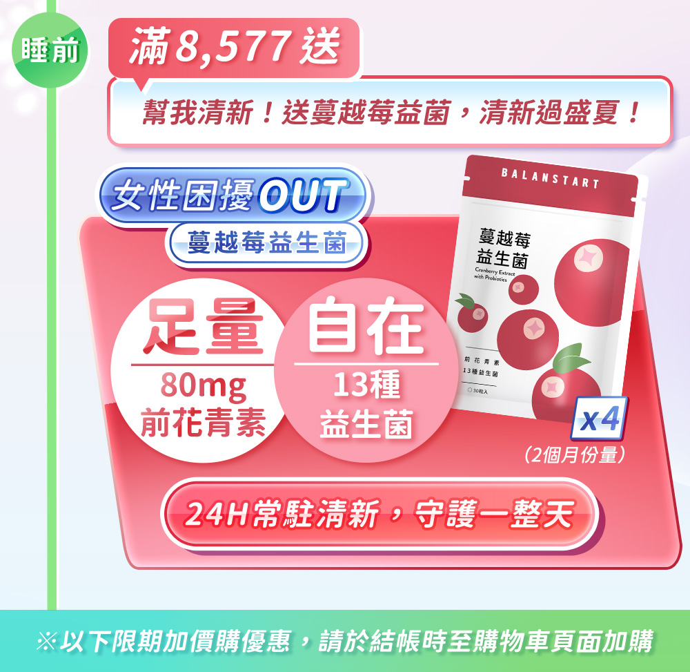 滿8,577送幫我清新！送蔓越莓益菌，清新過盛夏！女性困擾out蔓越莓益生菌，24H常駐清新，守護一整天