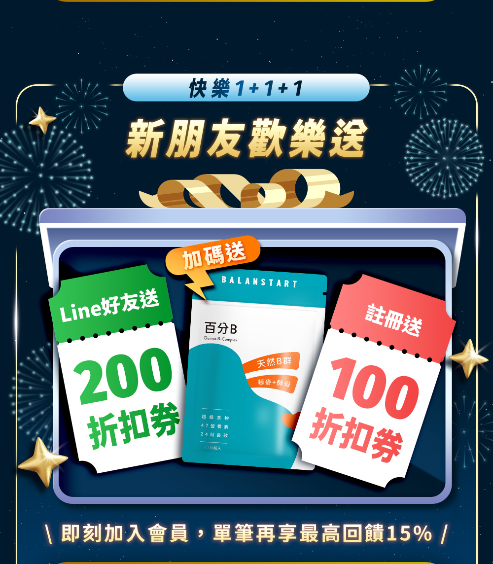新朋友歡樂送：LINE好友送200折扣券，註冊送100折扣券，加碼送百分B