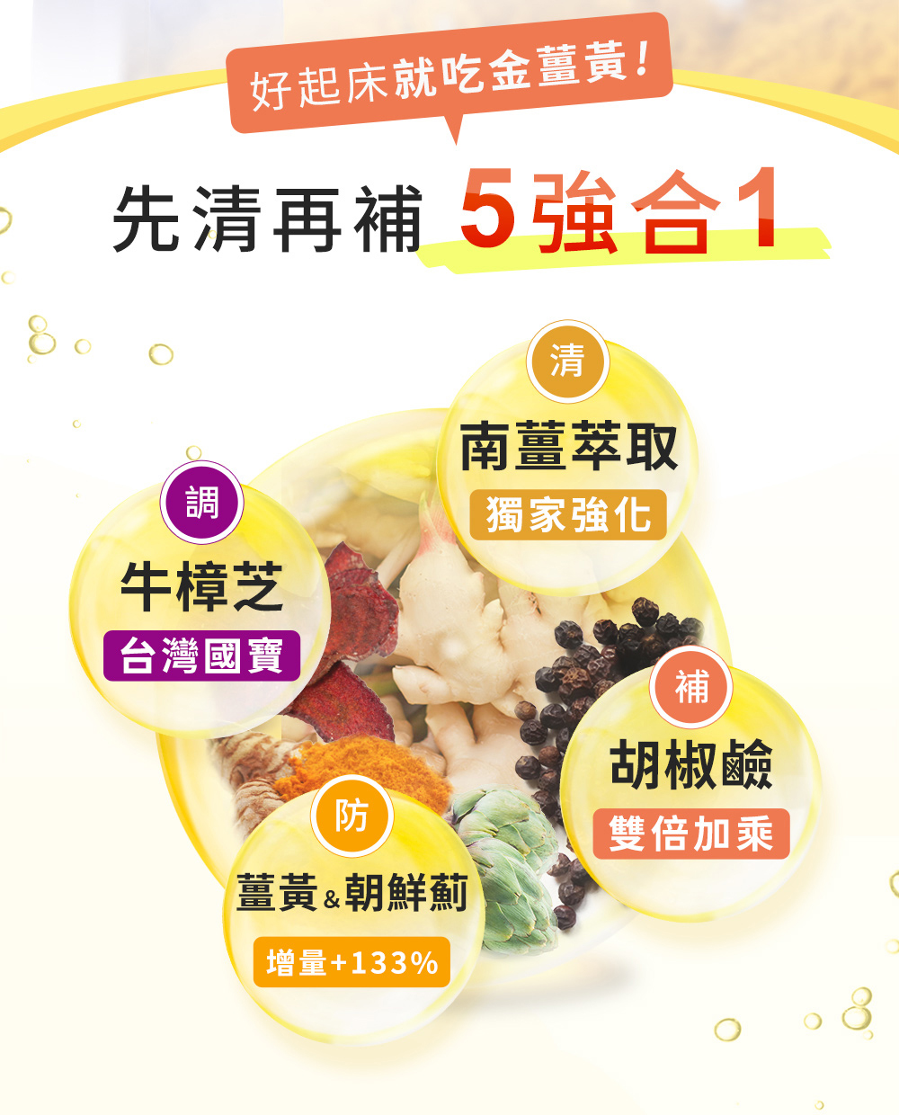 好起床就吃金薑黃-先清再補5強合1:清-南疆萃取;調-牛樟芝;補-胡椒鹼;防-薑黃&朝鮮薊