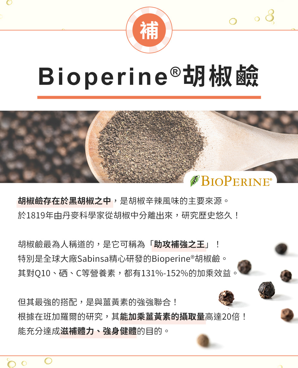 補-Bioperine®胡椒鹼,其能加乘薑黃素的攝取量高達20倍!