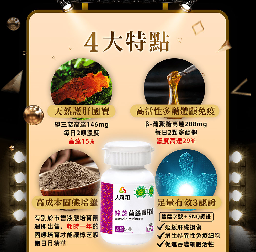｜白金夜樟組合 (金薑黃30粒×2 樟芝60粒×1)｜4大特點：天然護肝國寶、高活性多醣體顧免疫、高成本固態培養、足量有效3認證