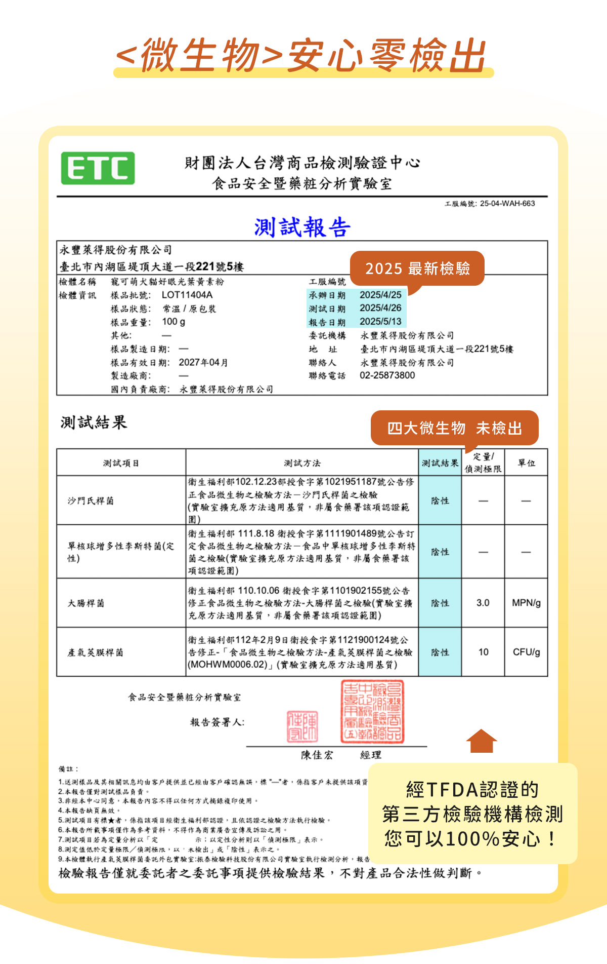 寵可萌好眼光葉黃素，通過微生物零檢出認證