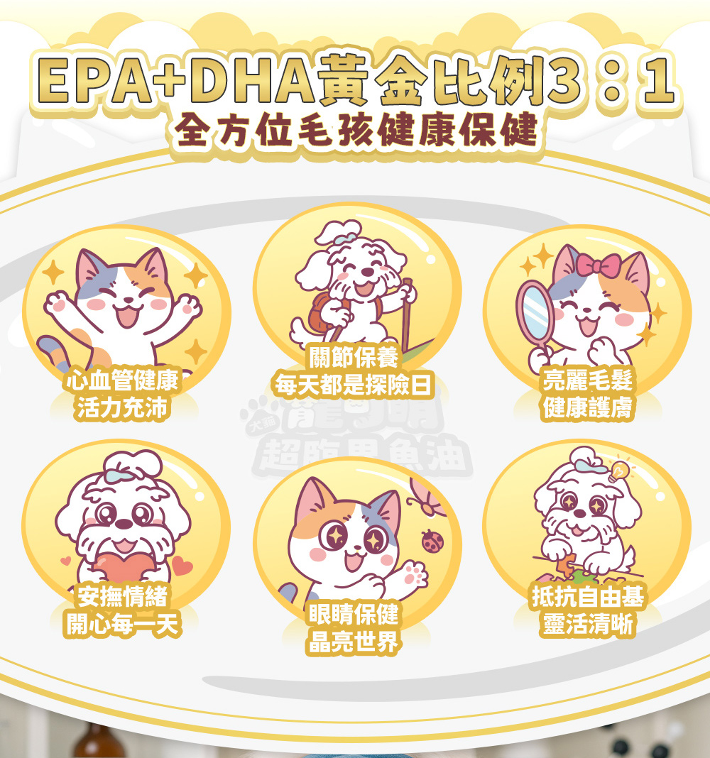 EPA+DHA黃金比例3:1全方位毛孩健康保健;心血管健康活力充沛、關節保養每天都是探險日、亮麗毛髮健康護膚、安撫情緒開心每一天、眼睛保健品亮世界、抵抗自由基靈活清晰