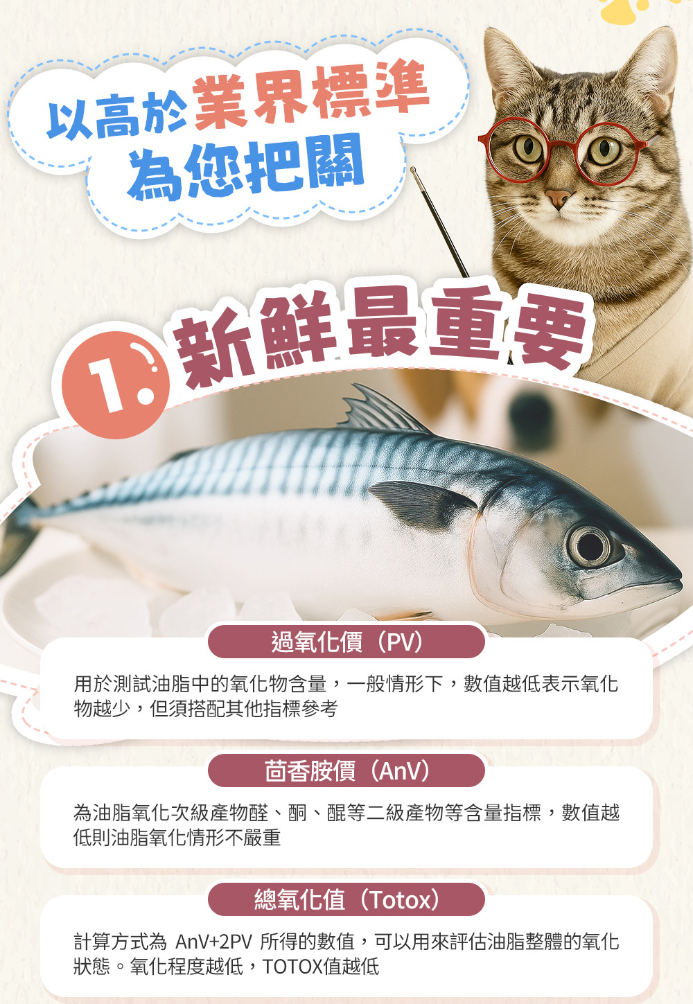 以高於業界標準為您把關;1.新鮮最重要:過氧化價(PV)、茴香胺價(AnV)、總氧化值 (Totox)