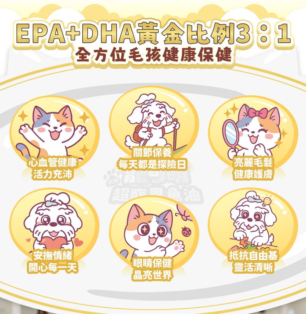 EPA+DHA黃金比例3：1全方位毛孩健康保健；心血管健康活力充沛、關節保養每天都是探險日、亮麗毛髮健康護膚、安撫情緒開心每一天、眼睛保健品亮世界、抵抗自由基靈活清晰