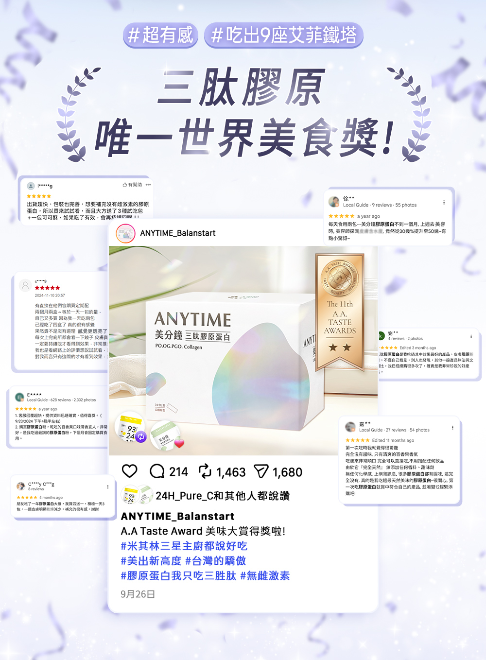 三肽膠原榮獲唯一世界美食獎，超有感分享，吃出9座艾菲爾鐵塔，廣受網友們好評