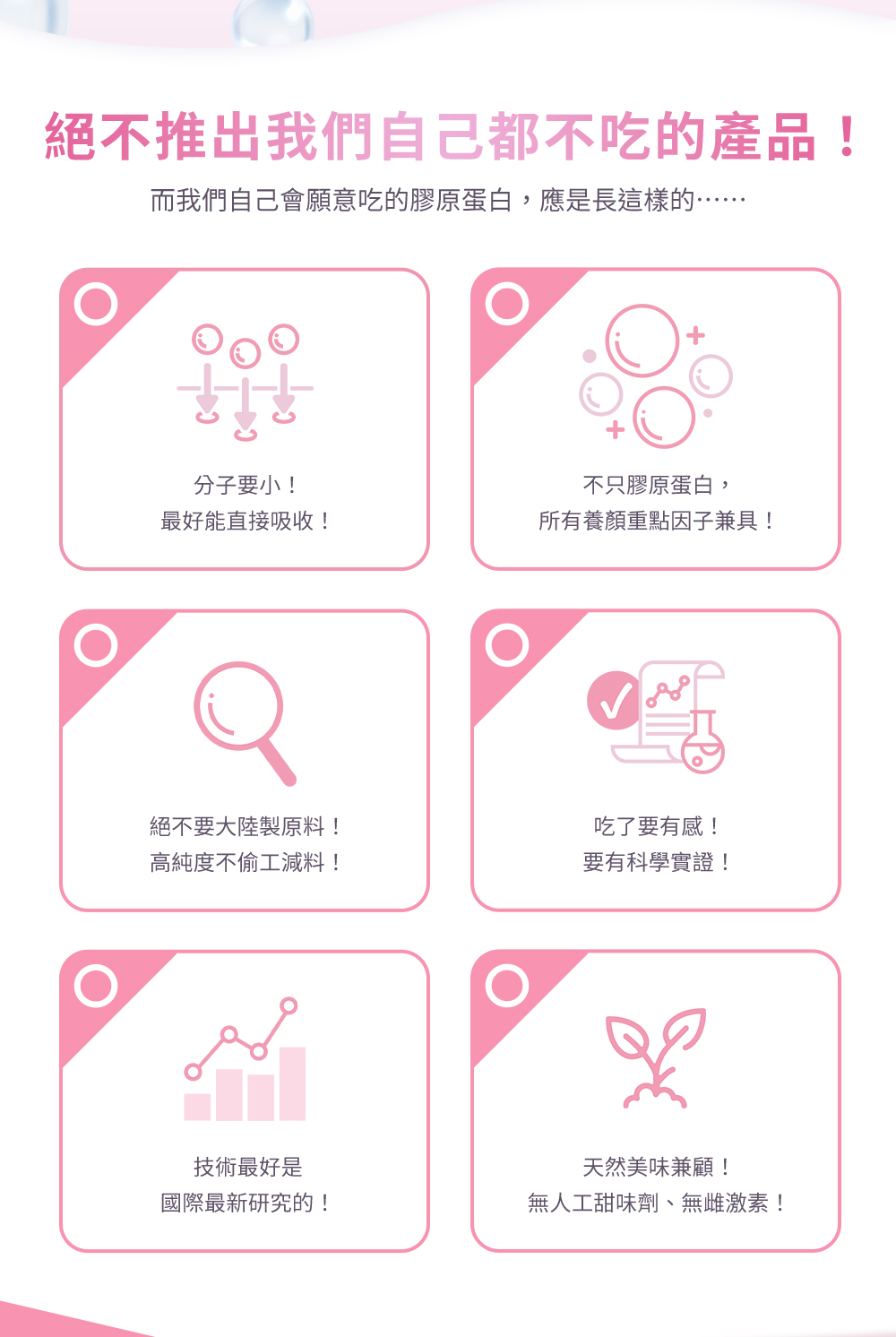 我們自己都不吃的產品絕不推出：分子小、重點因子、真材實料、科學實證、天然好吃