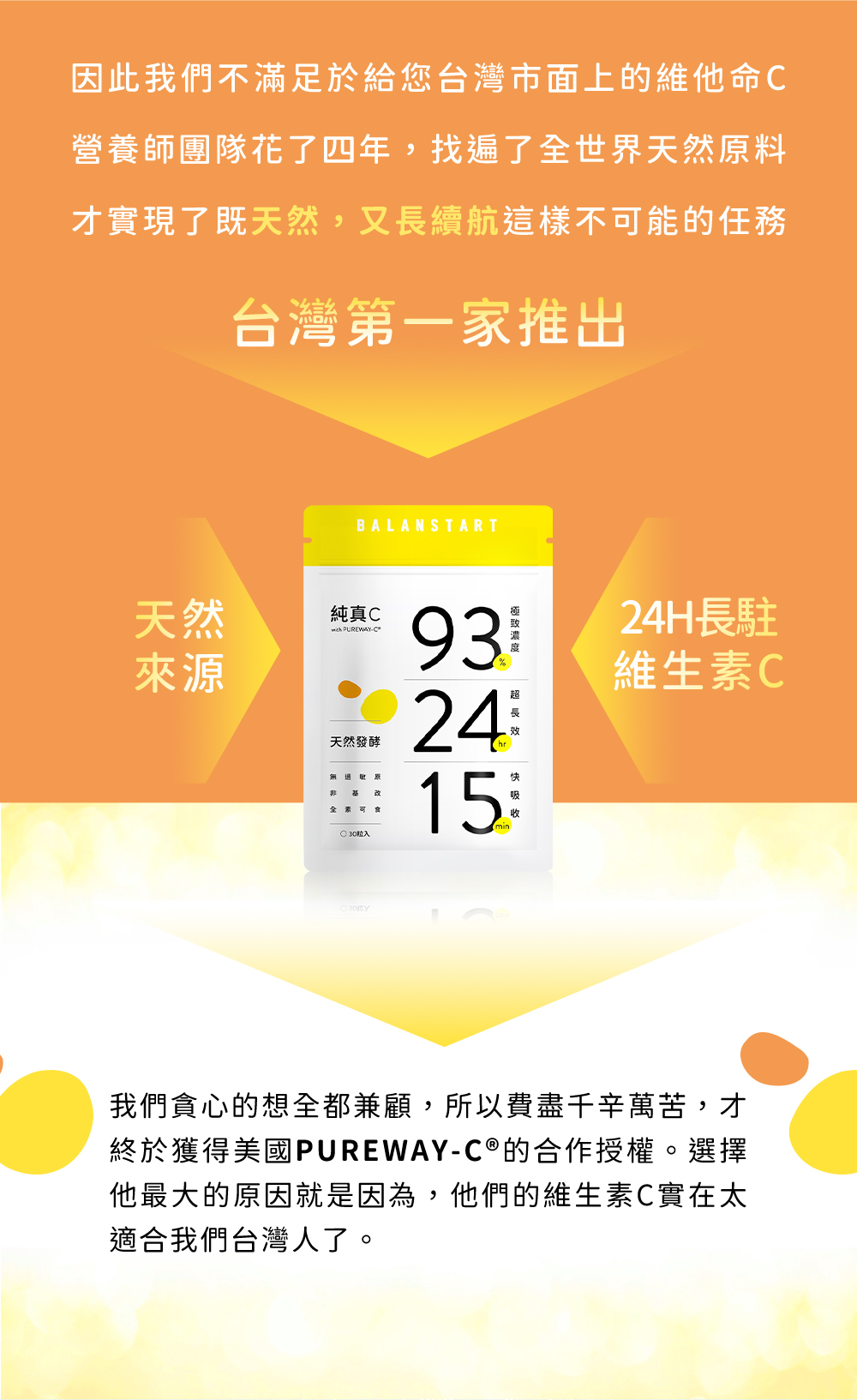 營養師團隊花了四年，找遍全世界天然原料才實現了既天然，又長續航這樣不可能的任務，台灣第一家推出，以天然來源的24H長駐維生素Ｃ，並獲得PureWay-C®的合作授權。選擇他最大的原因，他們的維生素C實在太適合台灣人了