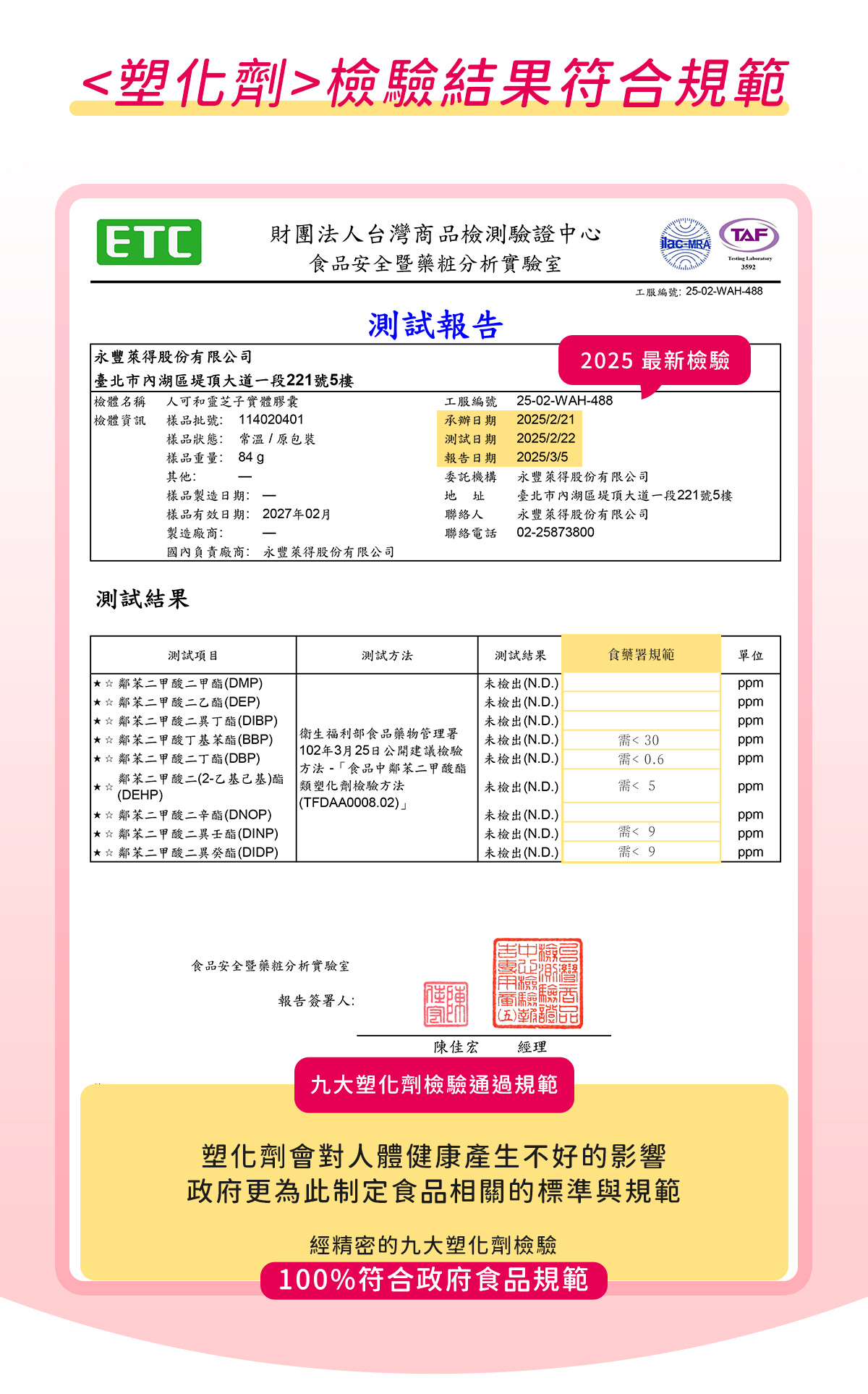 雙健字號免疫靈芝30粒，通過塑化劑檢驗符合規範認證