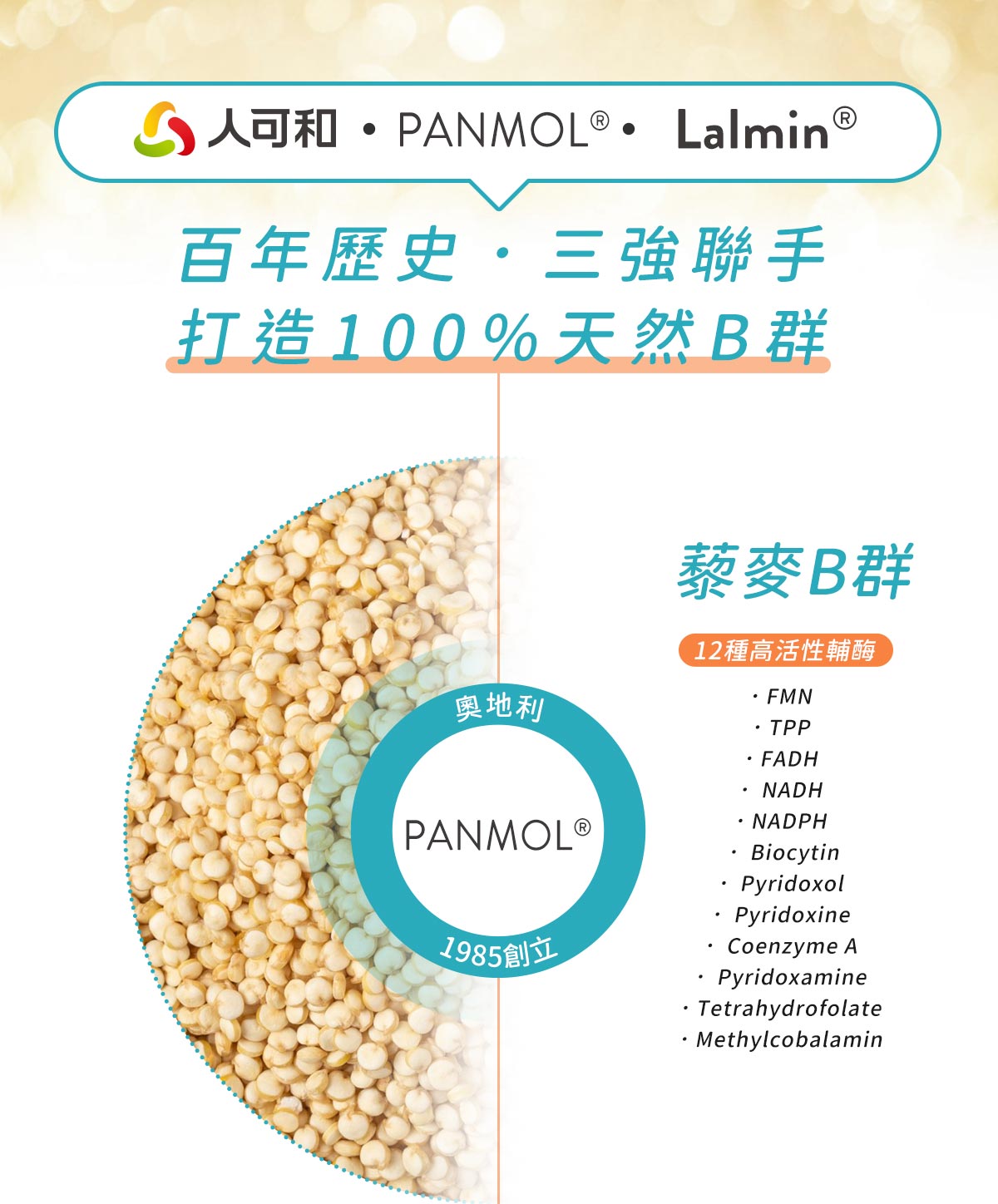 人可和、PANMOL®、Lalmin®三強聯手，打造100%天然B群，其中的藜麥B群包含12種高活性輔酶。