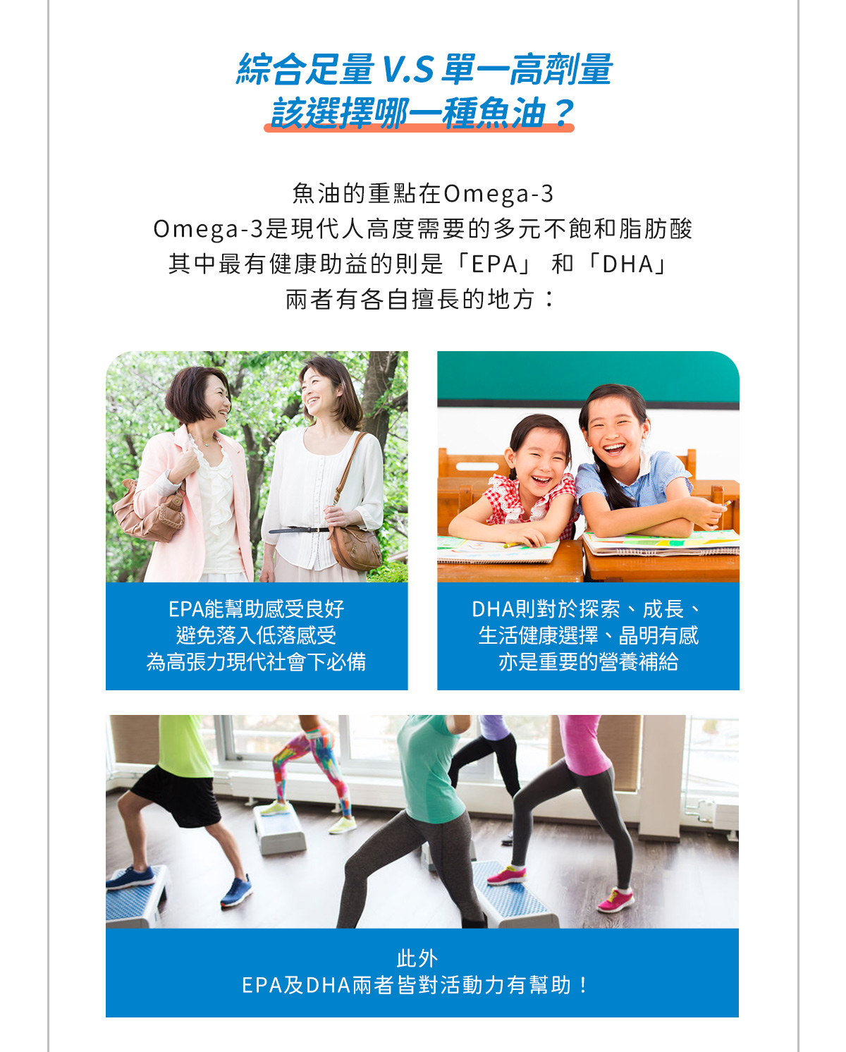 綜合足量VS單一高劑量該選擇哪一種魚油？EPA能幫助感受良好避免低落，DHA對探索成長晶明有感，EPA及DHA兩者皆對活動力有幫助