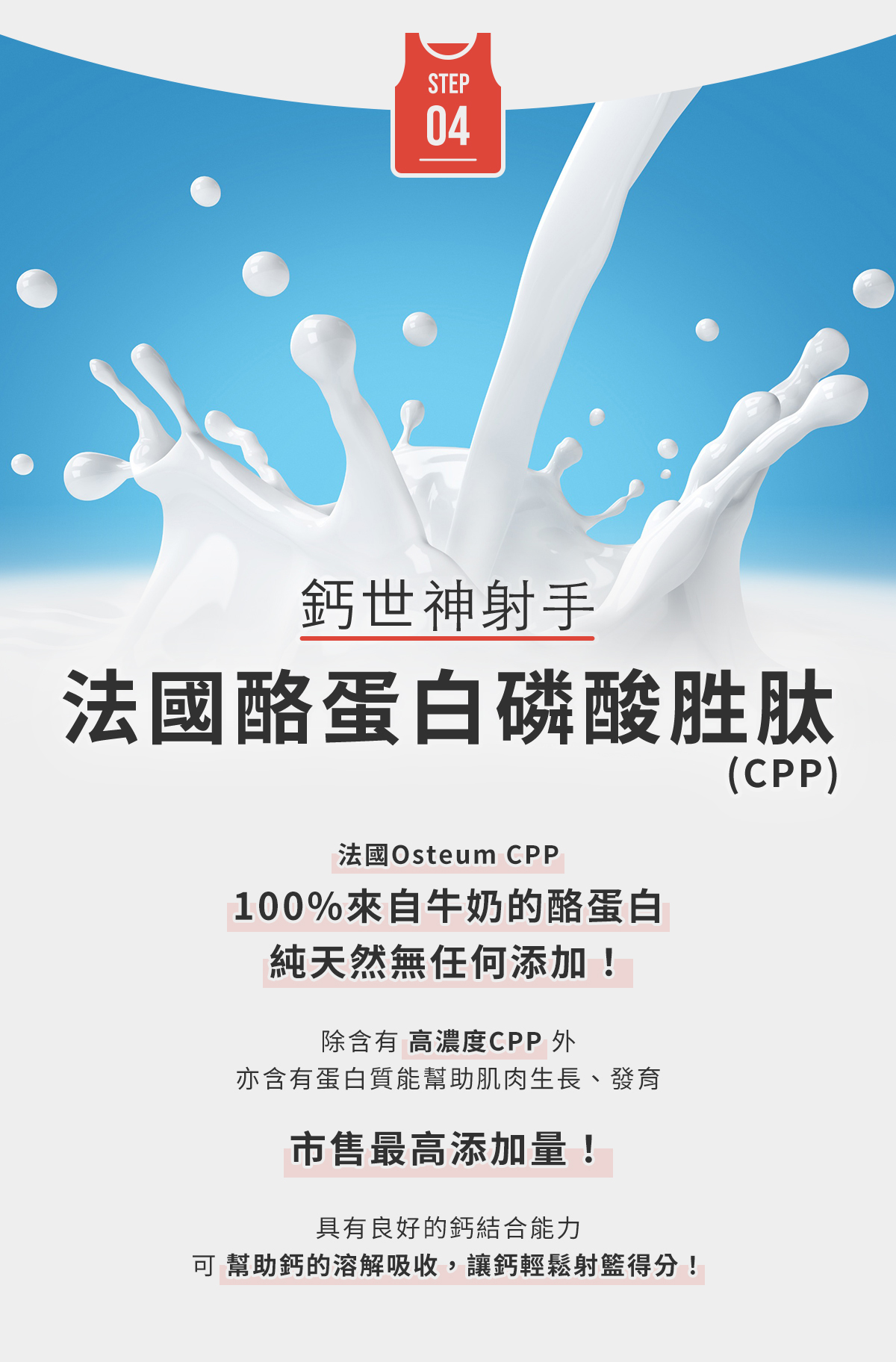 STEP4-鈣世神射手，法國酪蛋白磷酸胜肽(CPP)：法國Osteum CPP，100%來自牛奶的酪蛋白，純天然無任何添加！市售最高添加量！幫助鈣的溶解吸收，讓鈣輕鬆射籃得分！