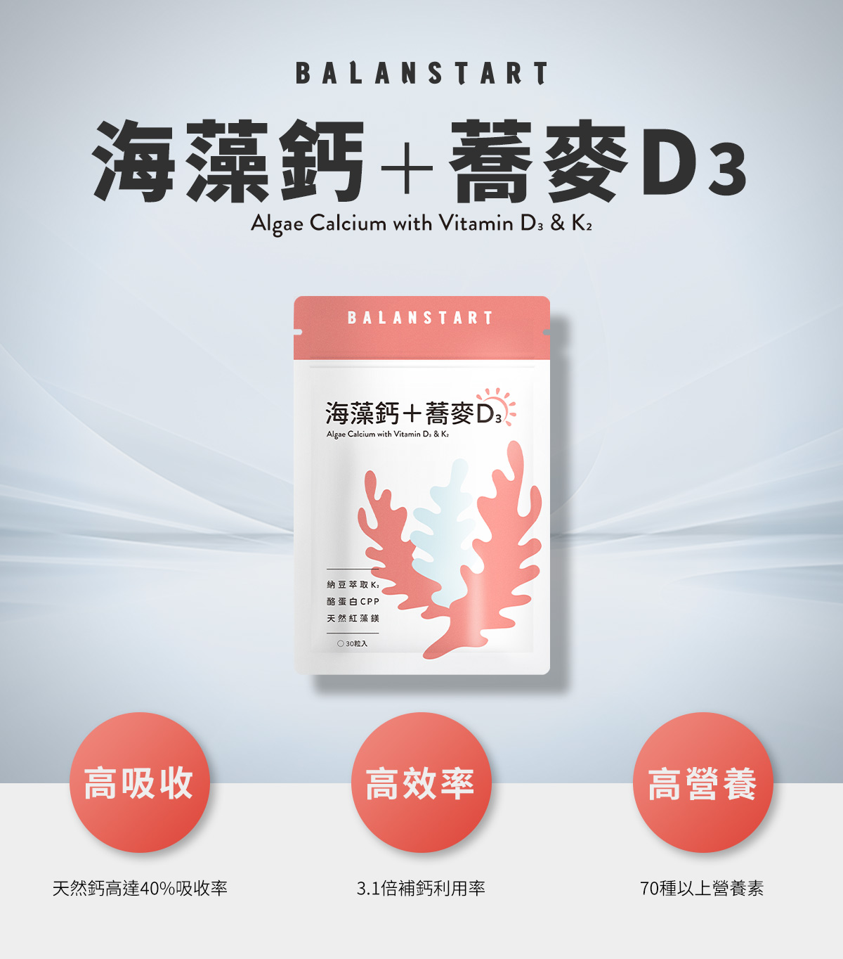 人可和海藻鈣＋蕎麥D3：高吸收-增加40%鈣吸收率；高效率-市售3.1倍利用率；高營養-70種以上營養素