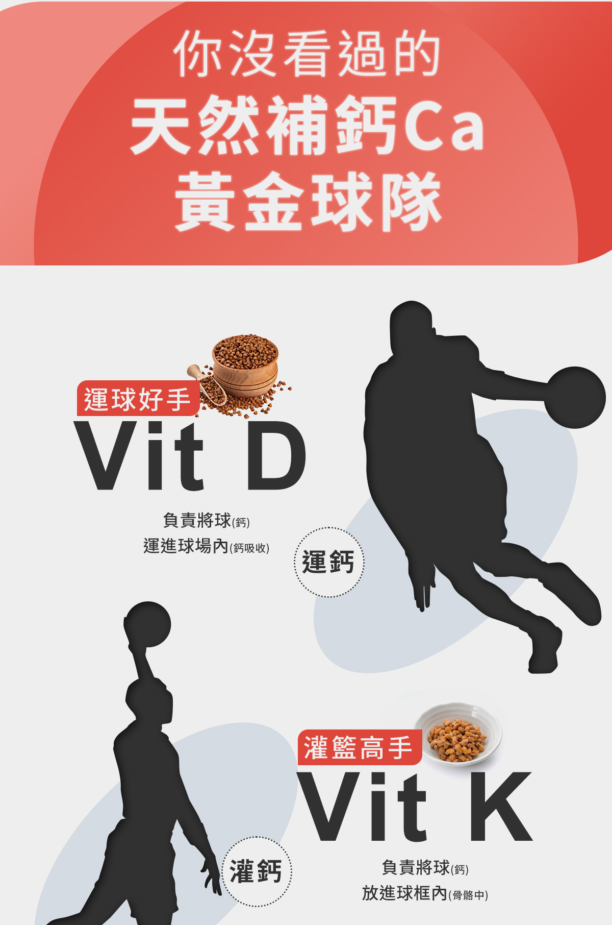 海藻鈣＋蕎麥D3：你沒看過的天然補鈣Ca黃金球隊，運球好手-Vit D(運鈣)；灌籃高手-Vit K(灌鈣)