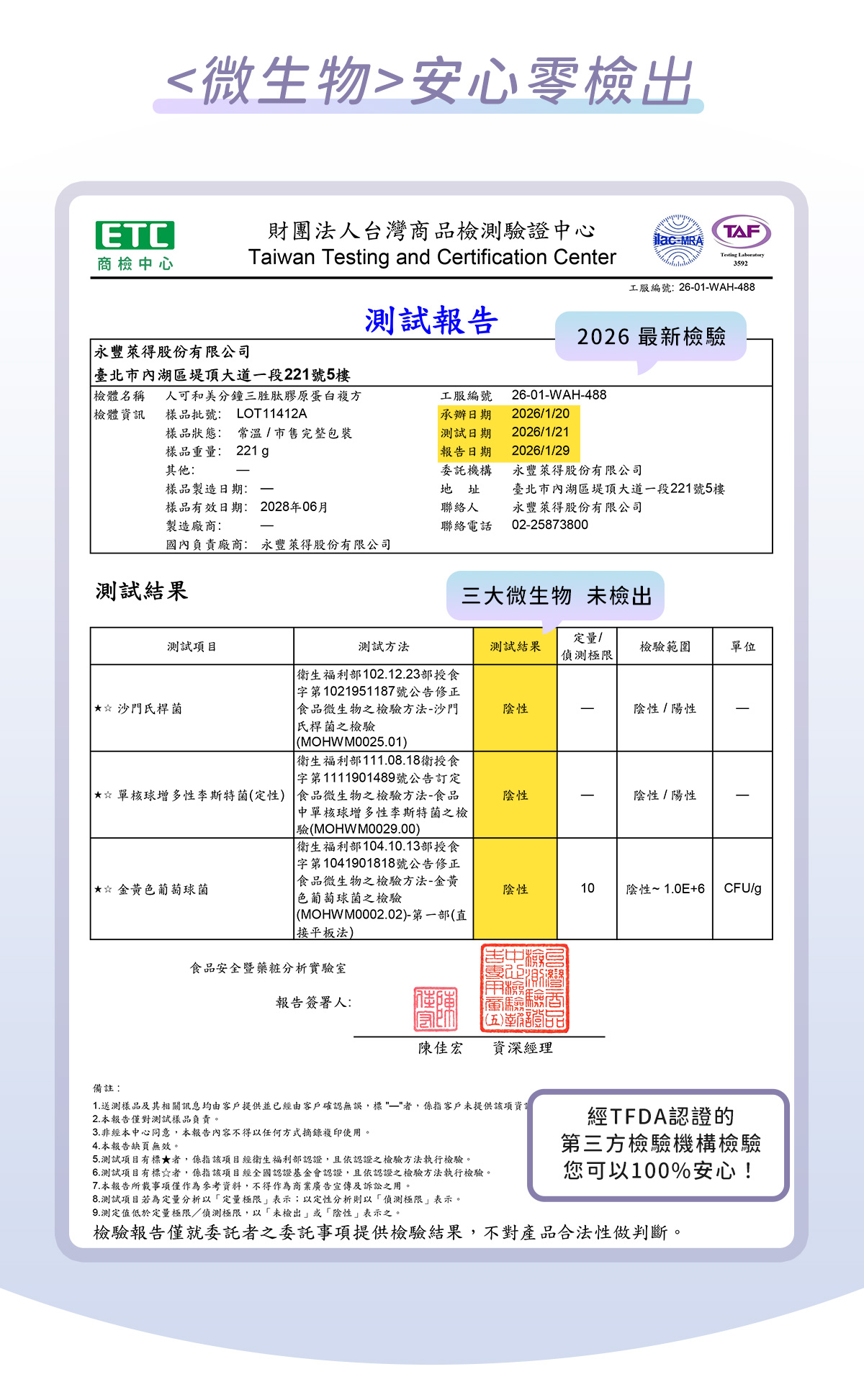 人可和美分鐘三肽膠原蛋白，微生物零檢出認證。