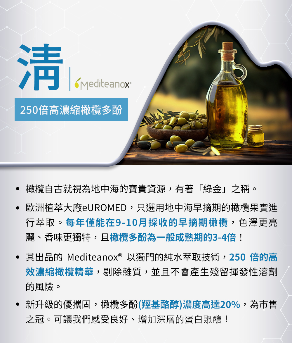 清，250倍的高效濃縮橄欖——其出品的Mediteanox®以獨門的純水萃取技術，250倍的高效濃縮橄欖精華，剔除雜質，並且不會產生殘留揮發性溶劑的風險。