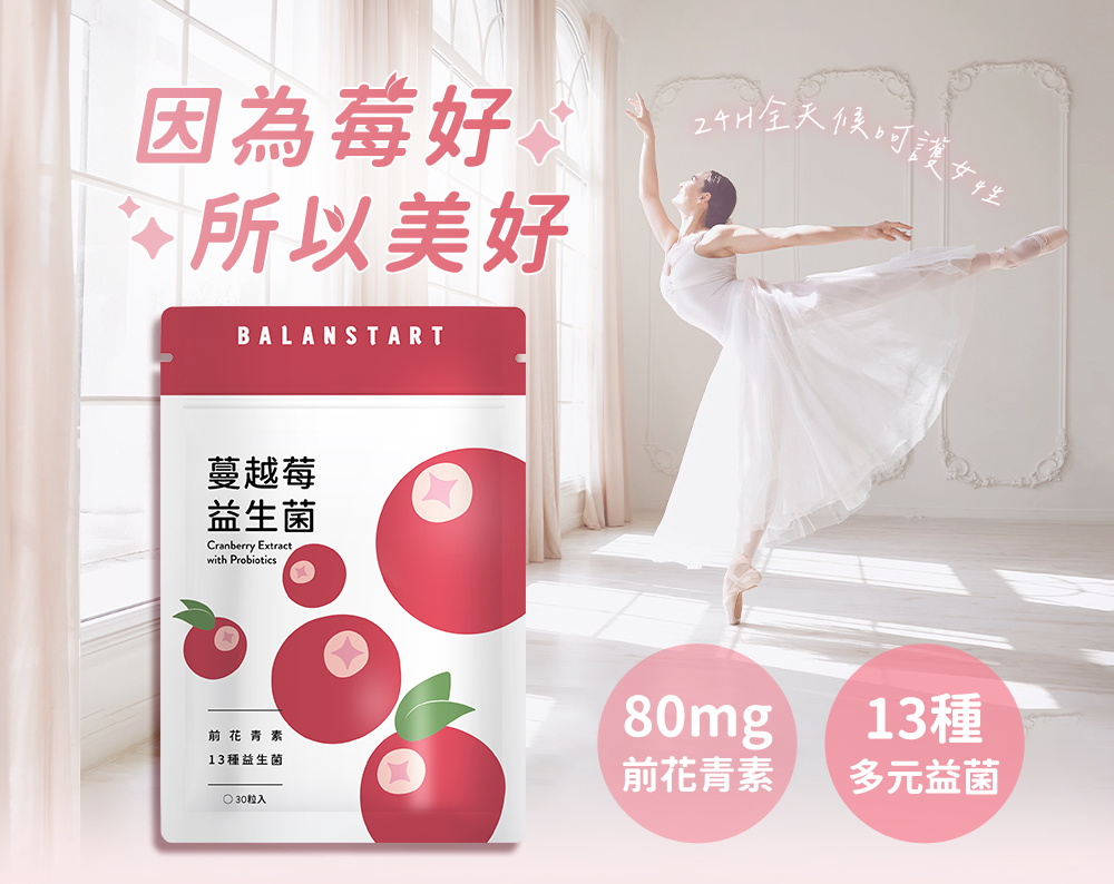 人可和蔓越莓益生菌,80mg前青花素,13種多元益菌,24小時全天候私密呵護