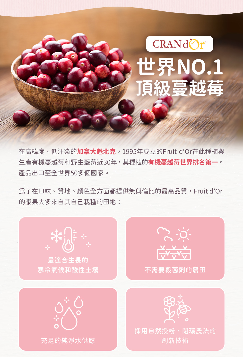Fruit d‘Or世界NO.1頂級蔓越莓,在高緯度、低污染的加拿大魁北克種植,其種植的有機蔓越莓世界排名第一。為了在口味、質地、顏色全方面提供無與倫比的最高品質,Fruit d‘Or自己栽種的田地提供:最適合生長的寒冷氣候和酸性土壤;不需要殺菌劑的農田;充足的純淨水供應;採用自然授粉、閉環農法的創新技術