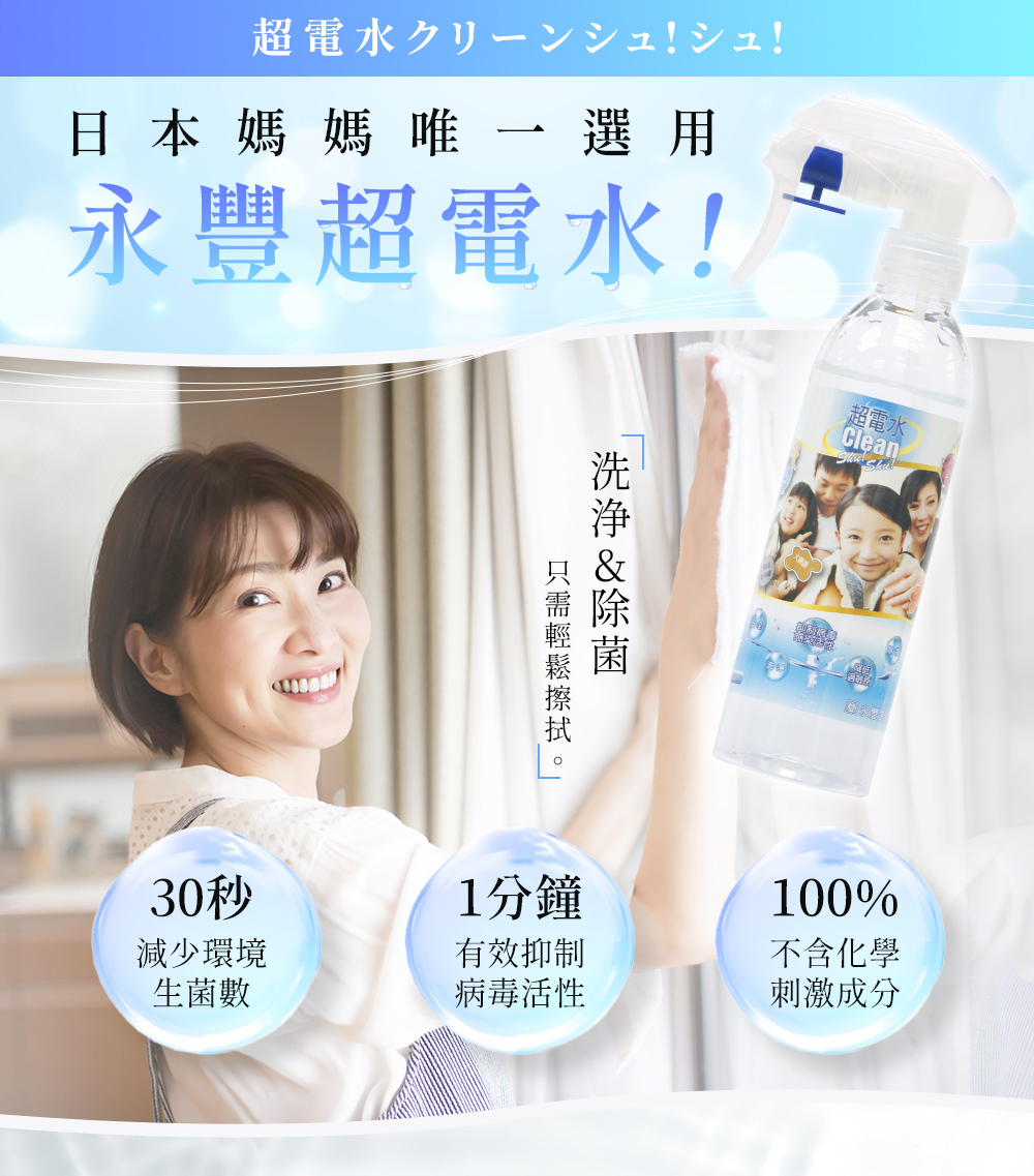 日本媽媽唯一選用，永豐超電水！30秒減少環境生菌數、1分鐘有效抑制病毒活性、100%不含化學刺激成分。
