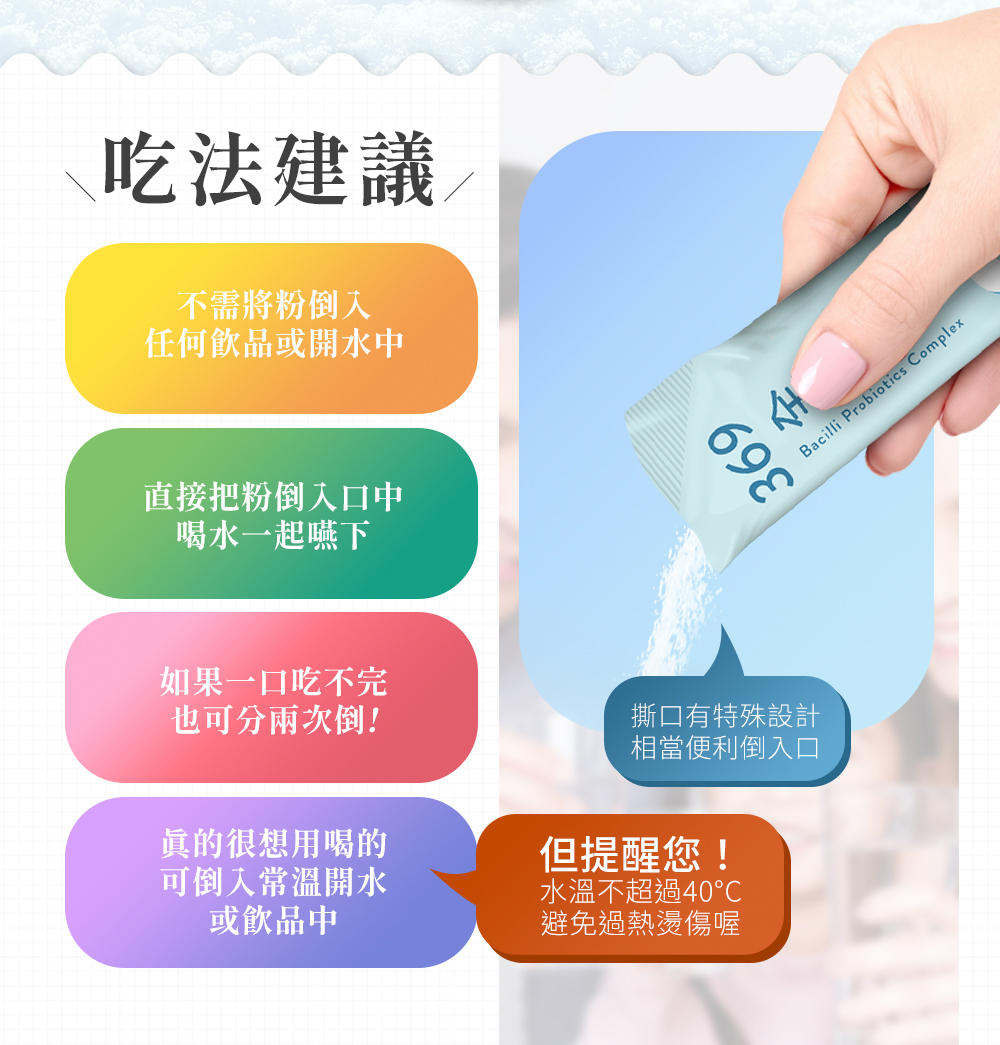 永豐人可和｜369全桿益菌：吃法建議，撕口有特殊設計相當便利倒入口，不需將粉倒入任何飲品或開水中，直接把粉倒入口中喝水一起嚥下，如果一口吃不完也可分兩次倒！眞的很想用喝的可倒入常溫開水或飲品中，但提醒您！水溫不超過40°C避免過熱燙傷喔
