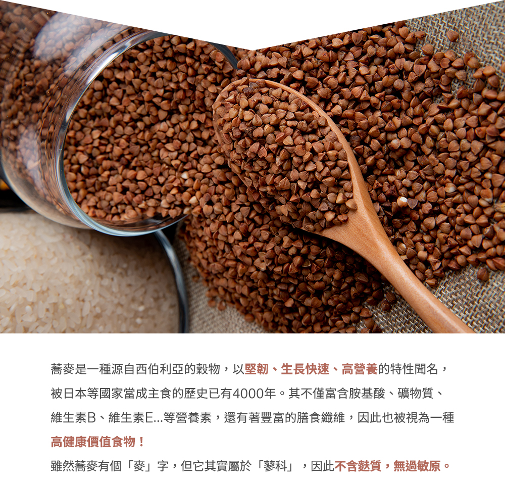 蕎麥是一種源自西伯利亞的穀物，以堅韌、生長快速、高營養的特性聞名，是一種超級食物！且不含麩質，無過敏原