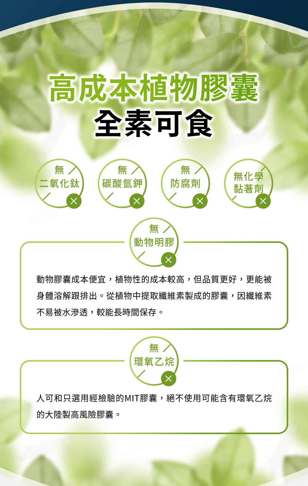高成本植物膠囊全素可食，無二氧化鈦、防腐劑、動物明膠及環氧乙烷，採用MIT台灣製膠囊