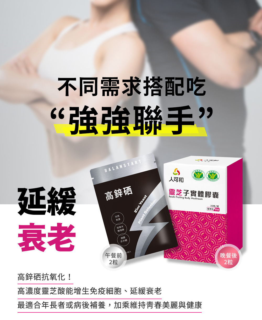 不同需求搭配吃，強強聯手。延緩衰老：高鋅硒午餐前2粒搭配靈芝子實體膠囊晚餐後2粒，年長者或病後補養