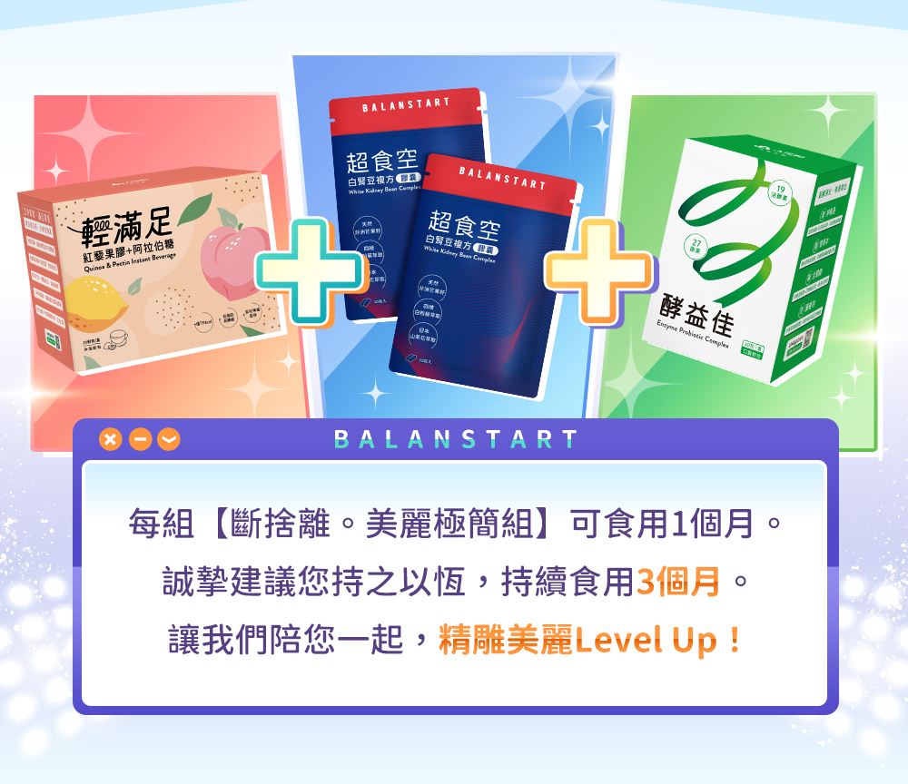 每組【斷捨離・美麗極簡組】可食用一個月。誠摯建議您持之以恆，持續食用三個月。讓我們陪您一起，精雕美麗LEVEL UP!