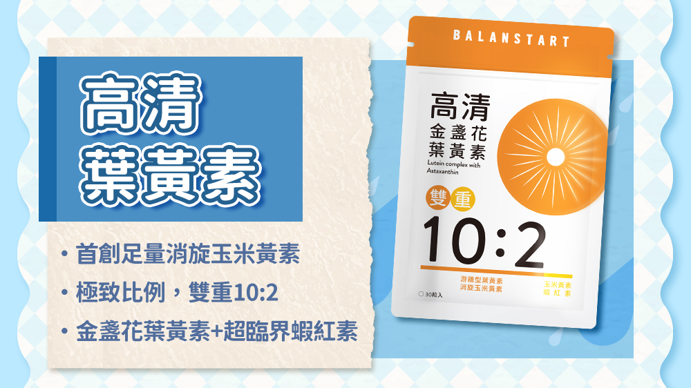 高清葉黃素——首創足量消旋玉米黃素；極致比例，雙重10:2；金盞花葉黃素+超臨界蝦紅素