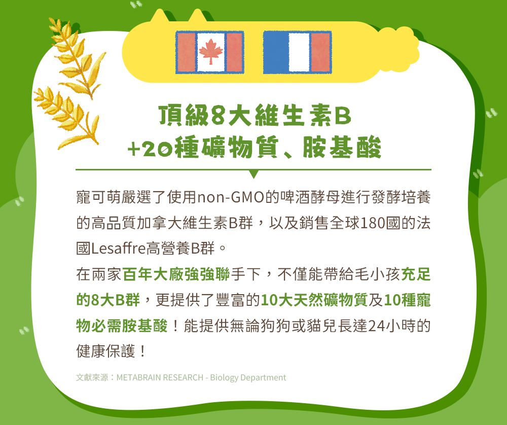 頂級8大維生素B+20種礦物質、胺基酸。寵可萌嚴選了使用non-GMO的啤酒酵母進行發酵培養的高品質加拿大維生素B群，以及銷售全球180國的法國Lesaffre高營養B群。不僅能帶給毛小孩充足的8大B群，更提供了豐富的10大天然礦物質及10種寵物必需胺基酸！