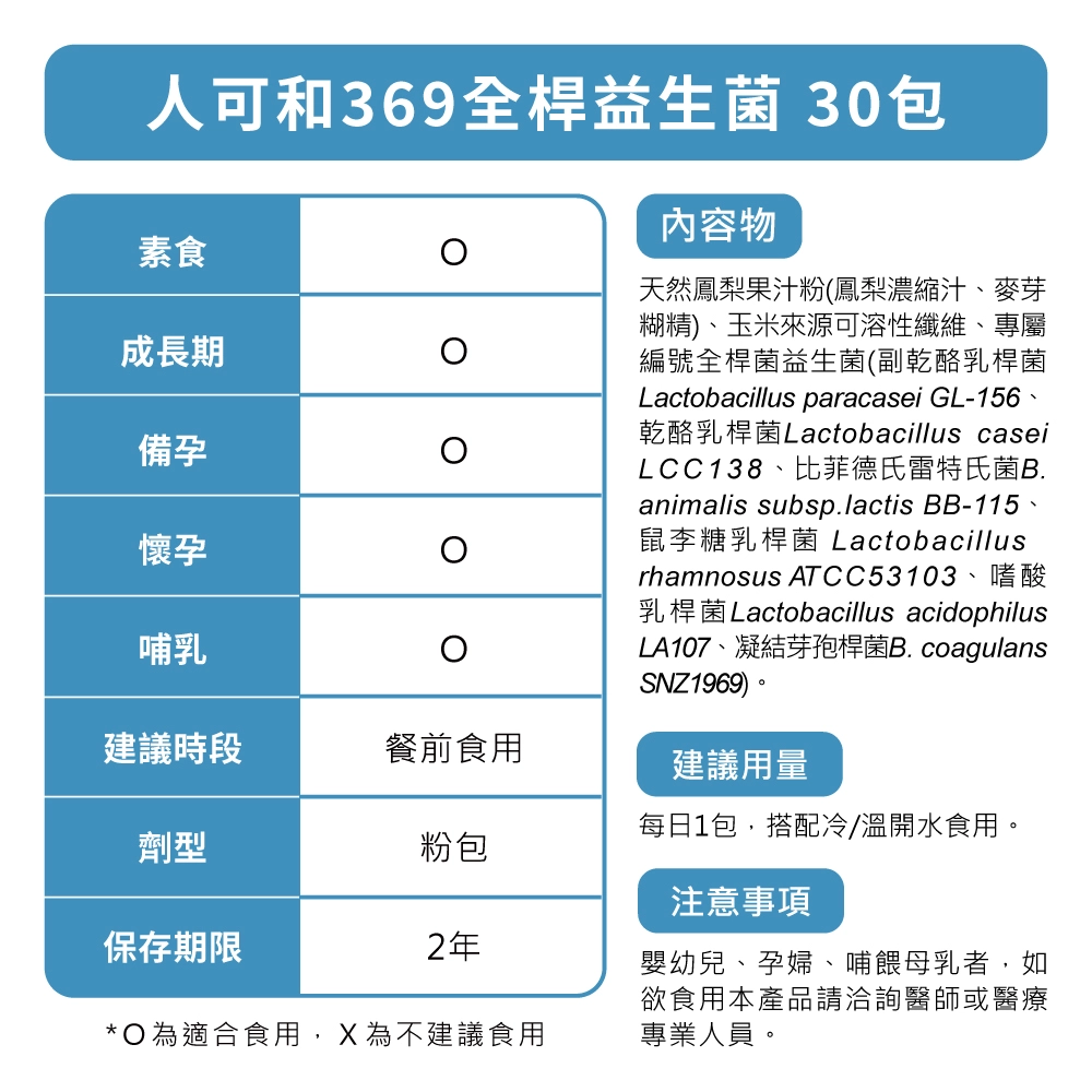 人可和369全桿益生菌全素可食，天然鳳梨風味，無人工甜味劑