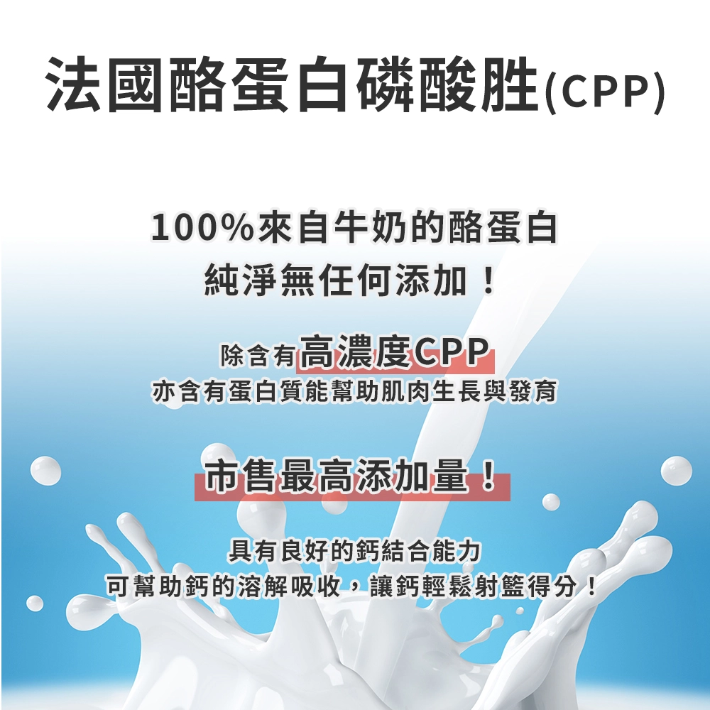 日本來源納豆K2，促進骨質鈣化。法國酪蛋白CPP，業界最高添加量